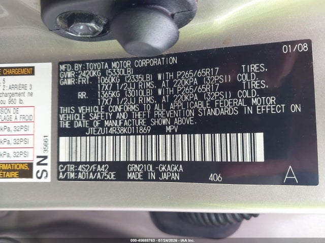 Aukcja sprzedaży 2008 Toyota 4runner Sr5 V6, vin: JTEZU14R38K011869, numer aukcji: 45688763