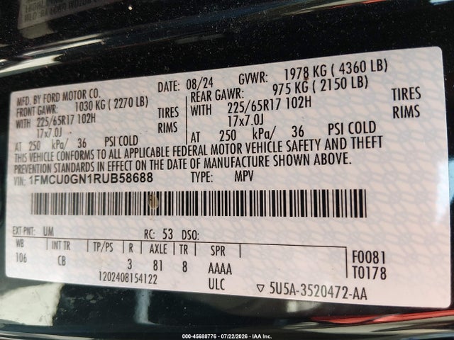 Aukcja sprzedaży 2024 Ford Escape Active, vin: 1FMCU0GN1RUB58688, numer aukcji: 45688776