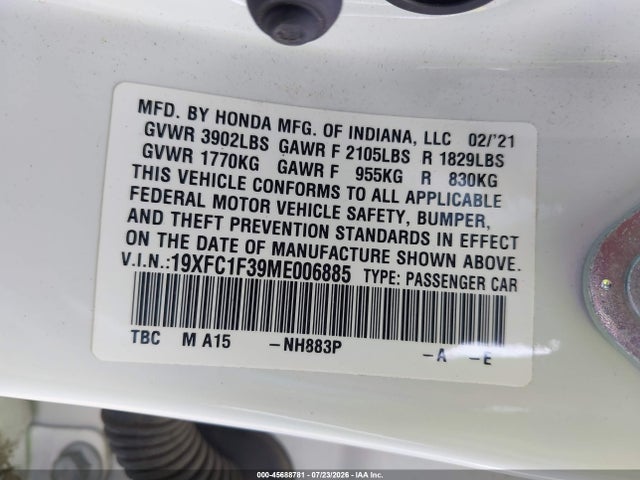 45688781 :رقم المزاد ، 19XFC1F39ME006885 vin ، 2021 Honda Civic Ex مزاد بيع