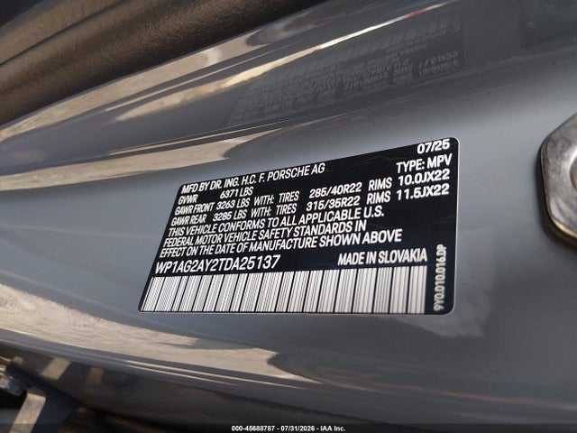 45688787 :رقم المزاد ، WP1AG2AY2TDA25137 vin ، 2026 Porsche Cayenne Gts مزاد بيع