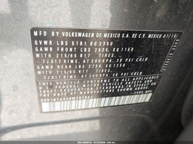 3VV1B7AX3KM181941 Volkswagen Tiguan 2.0t S