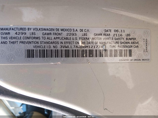 Продаж на аукціоні авто 2011 Volkswagen Jetta 2.0l Tdi, vin: 3VWLL7AJ0BM121774, номер лоту: 45688798