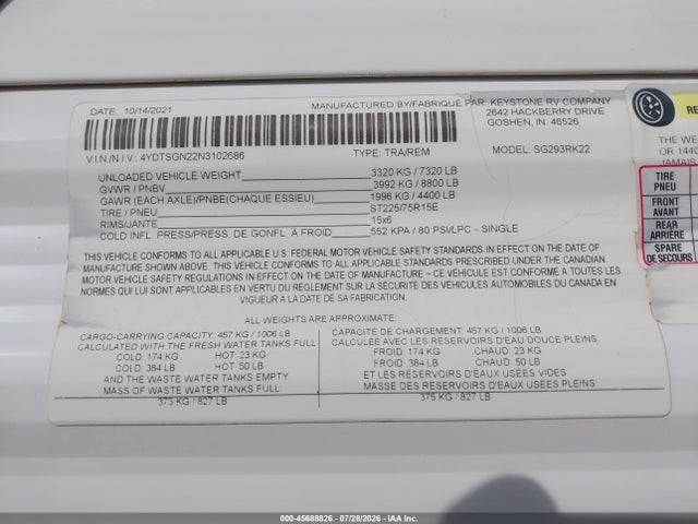 Продажа на аукционе авто 2022 Keystone Springdale 293 Rk Travel Trailer, vin: 4YDTSGN22N3102686, номер лота: 45688826