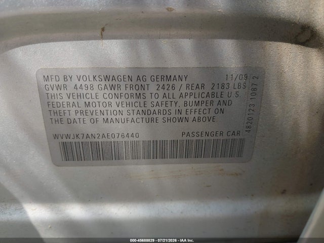 2010 Volkswagen Passat Komfort მანქანა იყიდება აუქციონზე, vin: WVWJK7AN2AE076440, აუქციონის ნომერი: 45688829
