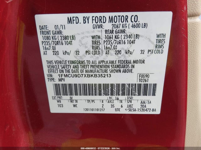 45688832 :رقم المزاد ، 1FMCU9D7XBKB35213 vin ، 2011 Ford Escape Xlt مزاد بيع