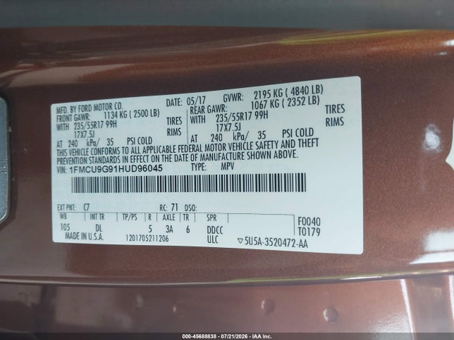 45688838 :رقم المزاد ، 1FMCU9G91HUD96045 vin ، 2017 Ford Escape Se مزاد بيع