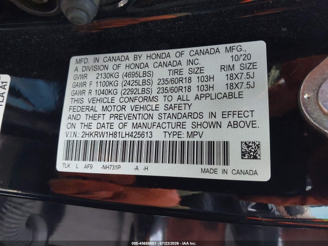 Aukcja sprzedaży 2020 Honda Cr-v 2wd Ex-l, vin: 2HKRW1H81LH425613, numer aukcji: 45688851