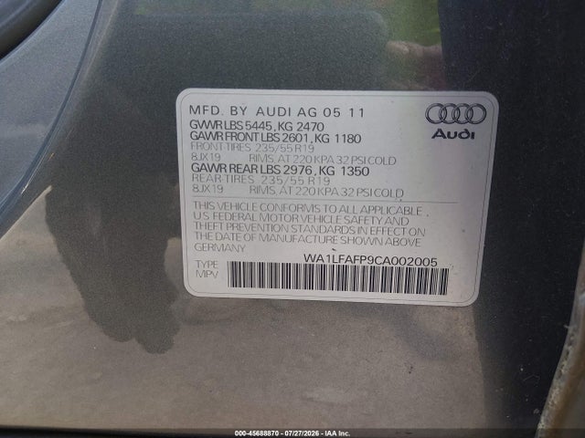 2012 Audi Q5 2.0t Premium მანქანა იყიდება აუქციონზე, vin: WA1LFAFP9CA002005, აუქციონის ნომერი: 45688870