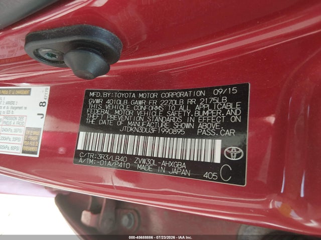 2015 Toyota Prius Four მანქანა იყიდება აუქციონზე, vin: JTDKN3DU3F1990895, აუქციონის ნომერი: 45688886