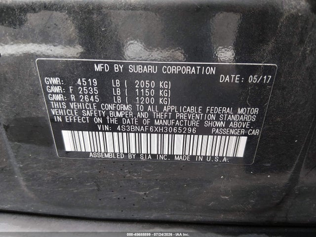 Aukcja sprzedaży 2017 Subaru Legacy 2.5i Premium, vin: 4S3BNAF6XH3065296, numer aukcji: 45688899