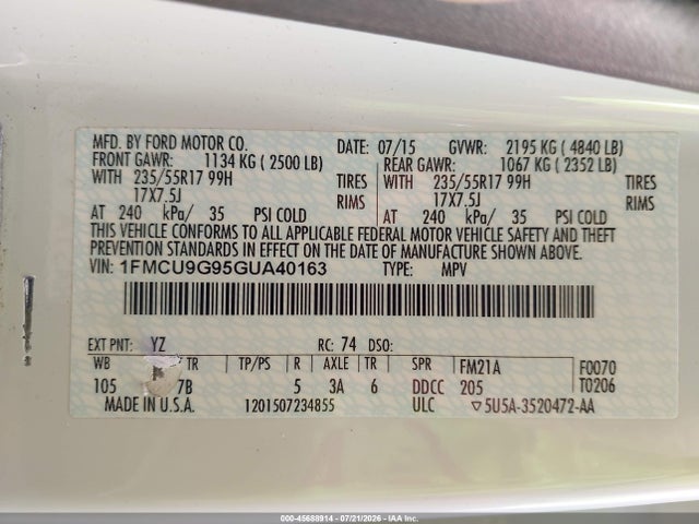 Ford ESCAPE SE 2016 1FMCU9G95GUA40163 Image 9
