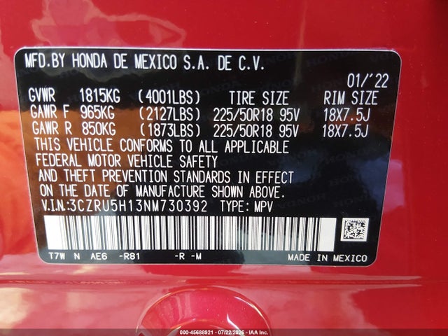 3CZRU5H13NM730392 Honda Hr-v 2wd Sport
