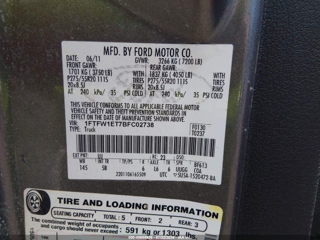 Aukcja sprzedaży 2011 Ford F-150 Fx4, vin: 1FTFW1ET7BFC02738, numer aukcji: 45688926