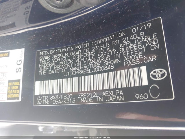 45688934 :رقم المزاد ، JTDEPRAE5LJ000848 vin ، 2020 Toyota Corolla Le مزاد بيع