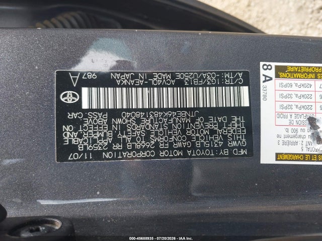 2008 Toyota Camry Le/se/xle მანქანა იყიდება აუქციონზე, vin: JTNBE46K483148040, აუქციონის ნომერი: 45688935
