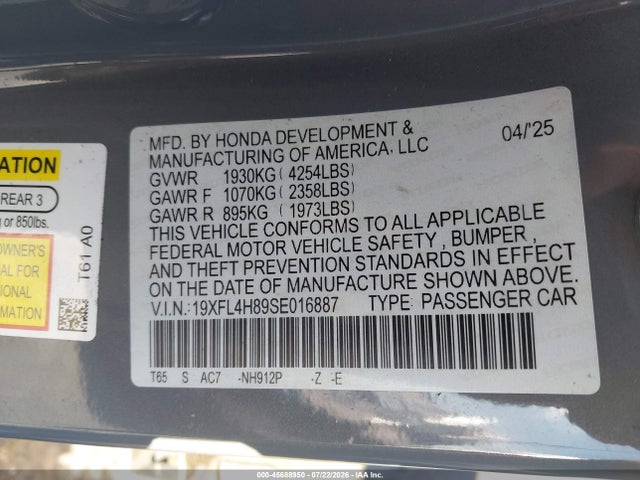 45688950 :رقم المزاد ، 19XFL4H89SE016887 vin ، 2025 Honda Civic Hybrid Sport مزاد بيع
