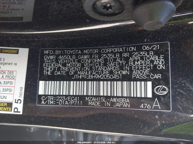 45688957 :رقم المزاد ، JTHP9JBH9M2050451 vin ، 2021 Lexus Ux 250h مزاد بيع