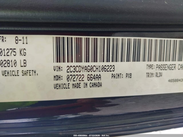 45688964 :رقم المزاد ، 2C3CDYAG0CH106223 vin ، 2012 Dodge Challenger Sxt مزاد بيع