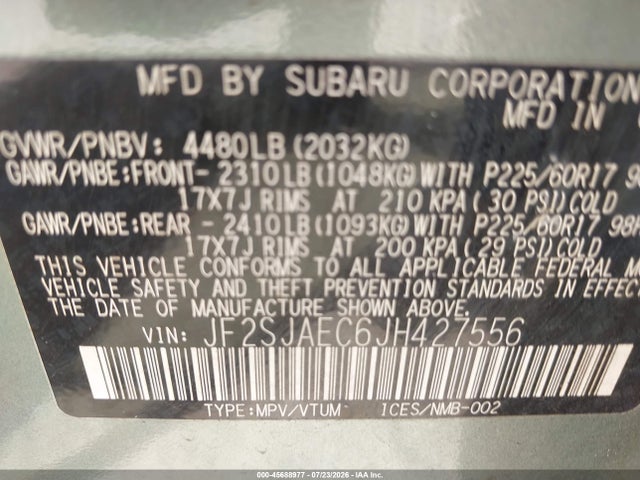 45688977 :رقم المزاد ، JF2SJAEC6JH427556 vin ، 2018 Subaru Forester 2.5i Premium مزاد بيع