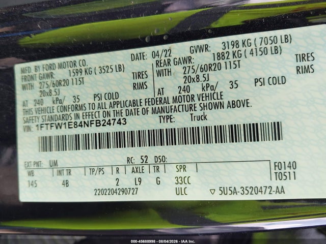 2022 Ford F-150 Xlt მანქანა იყიდება აუქციონზე, vin: 1FTFW1E84NFB24743, აუქციონის ნომერი: 45688998