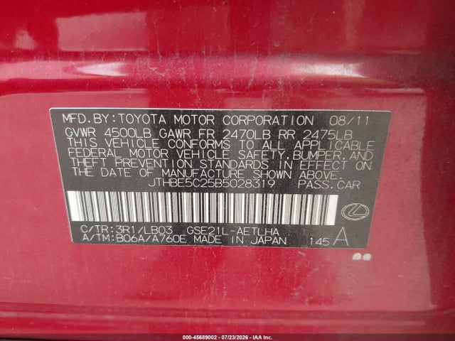 45689002 :رقم المزاد ، JTHBE5C25B5028319 vin ، 2011 Lexus Is 350 مزاد بيع