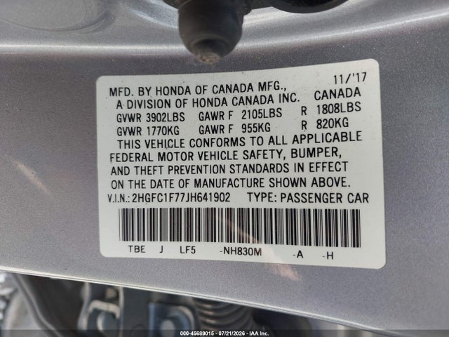 45689015 :رقم المزاد ، 2HGFC1F77JH641902 vin ، 2018 Honda Civic Ex-l مزاد بيع