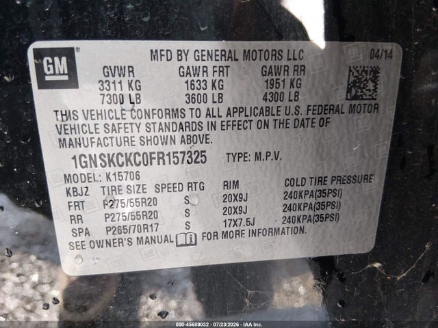 Aukcja sprzedaży 2015 Chevrolet Tahoe Ltz, vin: 1GNSKCKC0FR157325, numer aukcji: 45689032
