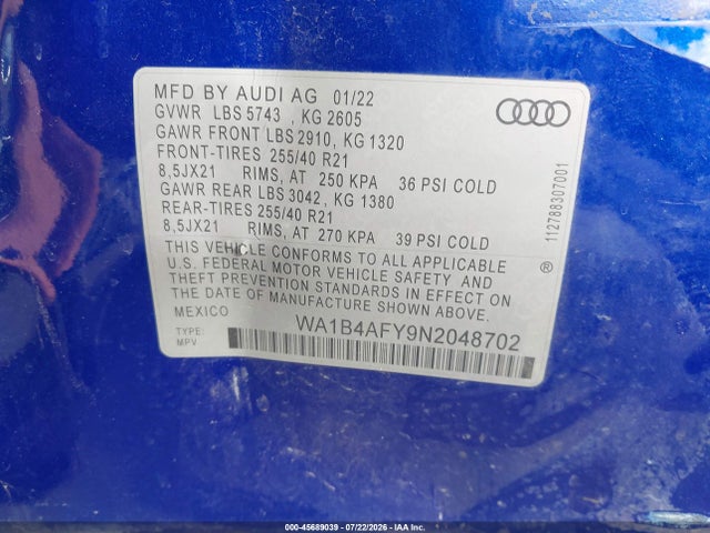 45689039 :رقم المزاد ، WA1B4AFY9N2048702 vin ، 2022 Audi Sq5 Premium Plus Tfsi Quattro Tiptronic مزاد بيع