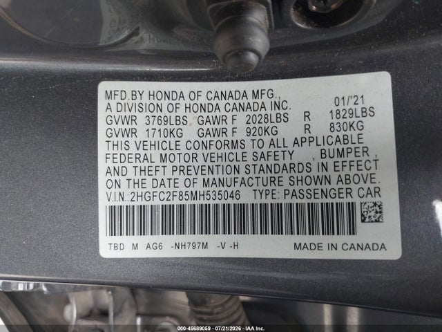 Honda Civic Sport 2021 2HGFC2F85MH535046 Image 9