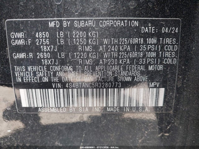 45689061 :رقم المزاد ، 4S4BTANC5R3280773 vin ، 2024 Subaru Outback Limited مزاد بيع
