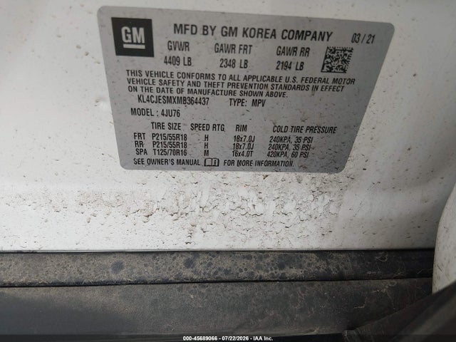 45689066 :رقم المزاد ، KL4CJESMXMB364437 vin ، 2021 Buick Encore Awd Preferred مزاد بيع