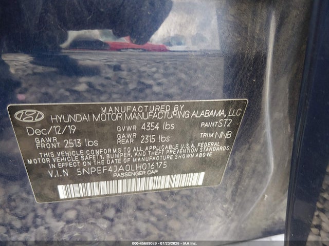 45689089 :رقم المزاد ، 5NPEF4JA0LH016175 vin ، 2020 Hyundai Sonata Sel مزاد بيع