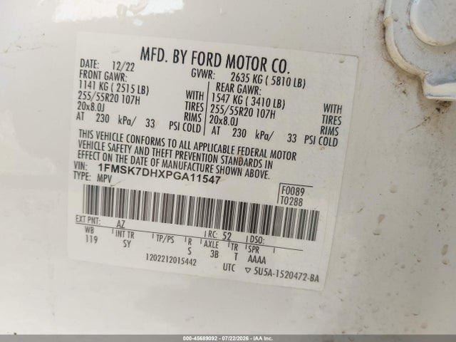 Продажа на аукционе авто 2023 Ford Explorer Xlt, vin: 1FMSK7DHXPGA11547, номер лота: 45689092
