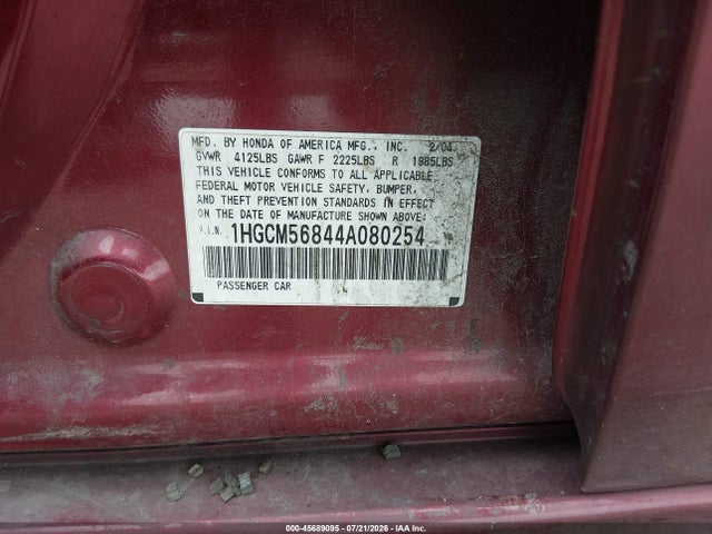 45689095 :رقم المزاد ، 1HGCM56844A080254 vin ، 2004 Honda Accord 2.4 Ex مزاد بيع