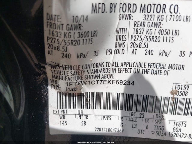 2014 Ford F-150 Fx2 მანქანა იყიდება აუქციონზე, vin: 1FTFW1CT7EKF69234, აუქციონის ნომერი: 45689104