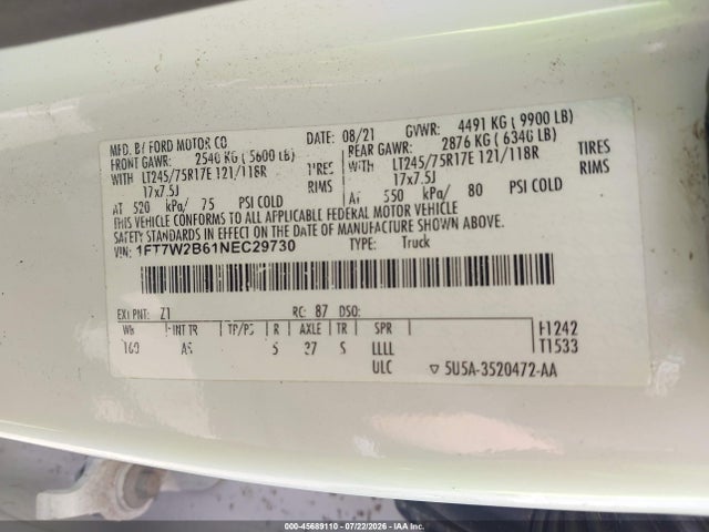 2022 Ford F-250 Xl მანქანა იყიდება აუქციონზე, vin: 1FT7W2B61NEC29730, აუქციონის ნომერი: 45689110