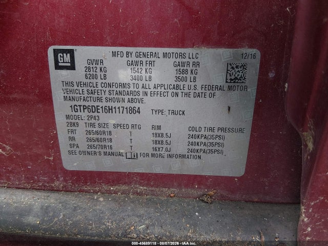 45689118 :رقم المزاد ، 1GTP6DE16H1171864 vin ، 2017 Gmc Canyon 4wd Slt مزاد بيع