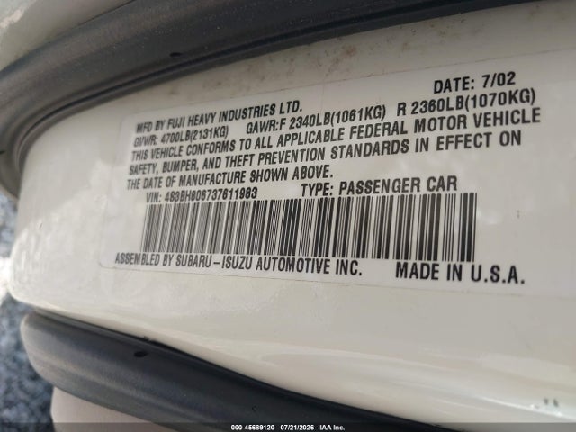 Продаж на аукціоні авто 2003 Subaru Outback H6-3.0 L.l. Bean Edition, vin: 4S3BH806737611983, номер лоту: 45689120