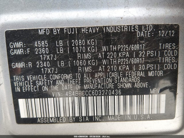 2013 Subaru Outback 2.5i Premium მანქანა იყიდება აუქციონზე, vin: 4S4BRCCC6D3270436, აუქციონის ნომერი: 45689126