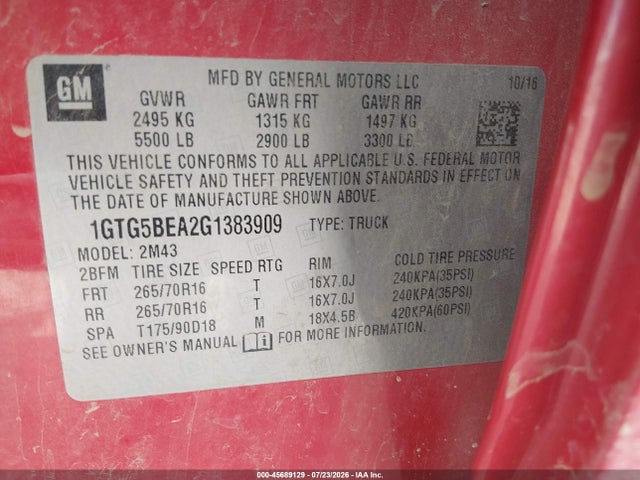 Aukcja sprzedaży 2016 Gmc Canyon 2wd, vin: 1GTG5BEA2G1383909, numer aukcji: 45689129