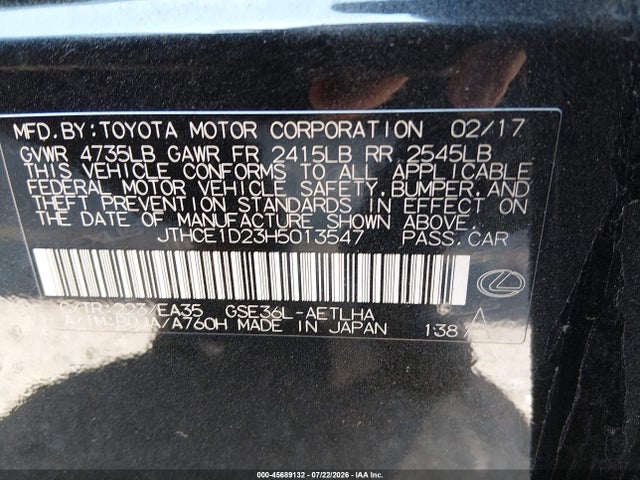 45689132 :رقم المزاد ، JTHCE1D23H5013547 vin ، 2017 Lexus Is 350 مزاد بيع