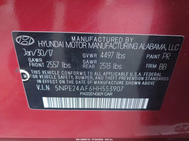 5NPE24AF6HH553907 Hyundai SONATA SE