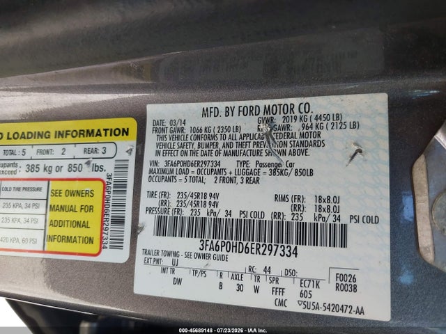 Aukcja sprzedaży 2014 Ford Fusion Se, vin: 3FA6P0HD6ER297334, numer aukcji: 45689148