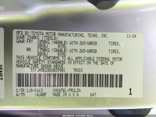 Продажа на аукционе авто 2025 Toyota Tundra Limited, vin: 5TFJA5EC8SX039981, номер лота: 45689150