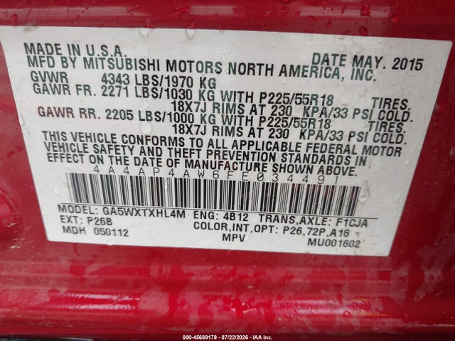Aukcja sprzedaży 2015 Mitsubishi Outlander Sport Gt, vin: 4A4AP4AW6FE034491, numer aukcji: 45689179