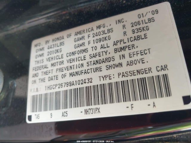2009 Honda Accord 2.4 Ex მანქანა იყიდება აუქციონზე, vin: 1HGCP26799A102432, აუქციონის ნომერი: 45689191