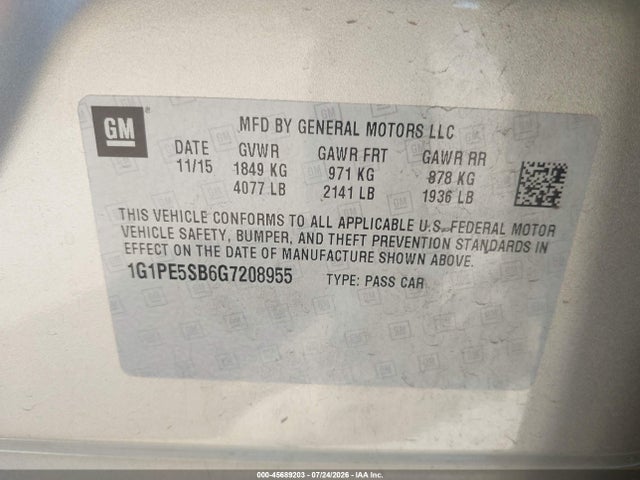 1G1PE5SB6G7208955 Chevrolet Cruze Limited 1lt Auto