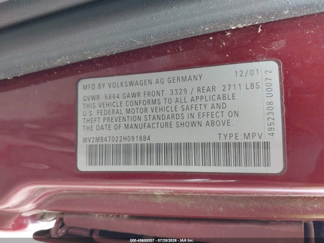 45689207 :رقم المزاد ، WV2MB47022H091884 vin ، 2002 Volkswagen Eurovan Mv مزاد بيع