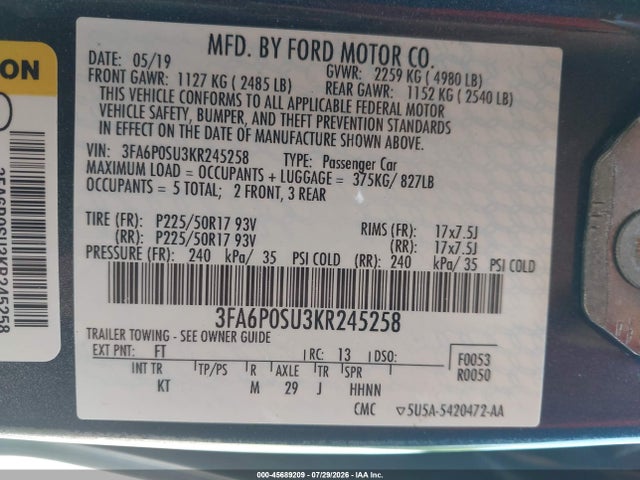 Продажа на аукционе авто 2019 Ford Fusion Energi Titanium, vin: 3FA6P0SU3KR245258, номер лота: 45689209