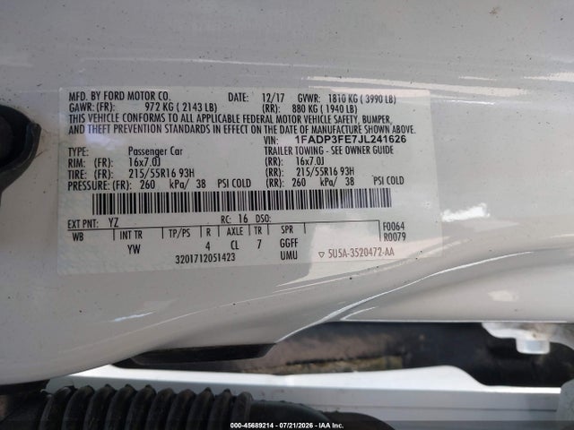 1FADP3FE7JL241626 Ford FOCUS SE